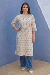 Plus Size Cream Mughal Floral Cotton V-Neck Kurta