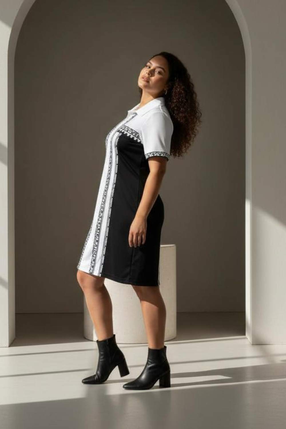 Plus Size Classic Black Printed Polo Dress