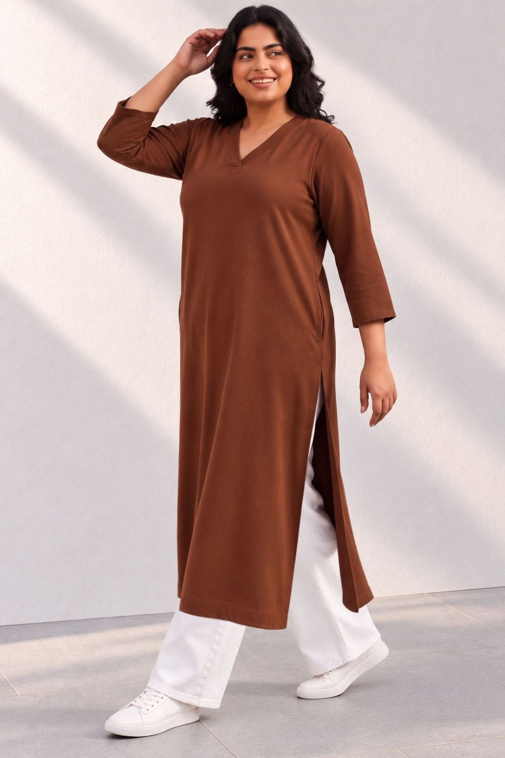 Buy Plus Size SoftEase V Neck Brown Cotton Kurta