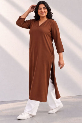 Plus Size SoftEase V Neck Brown Cotton Kurta