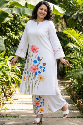Plus Size White Floral Print Cotton Coord Set