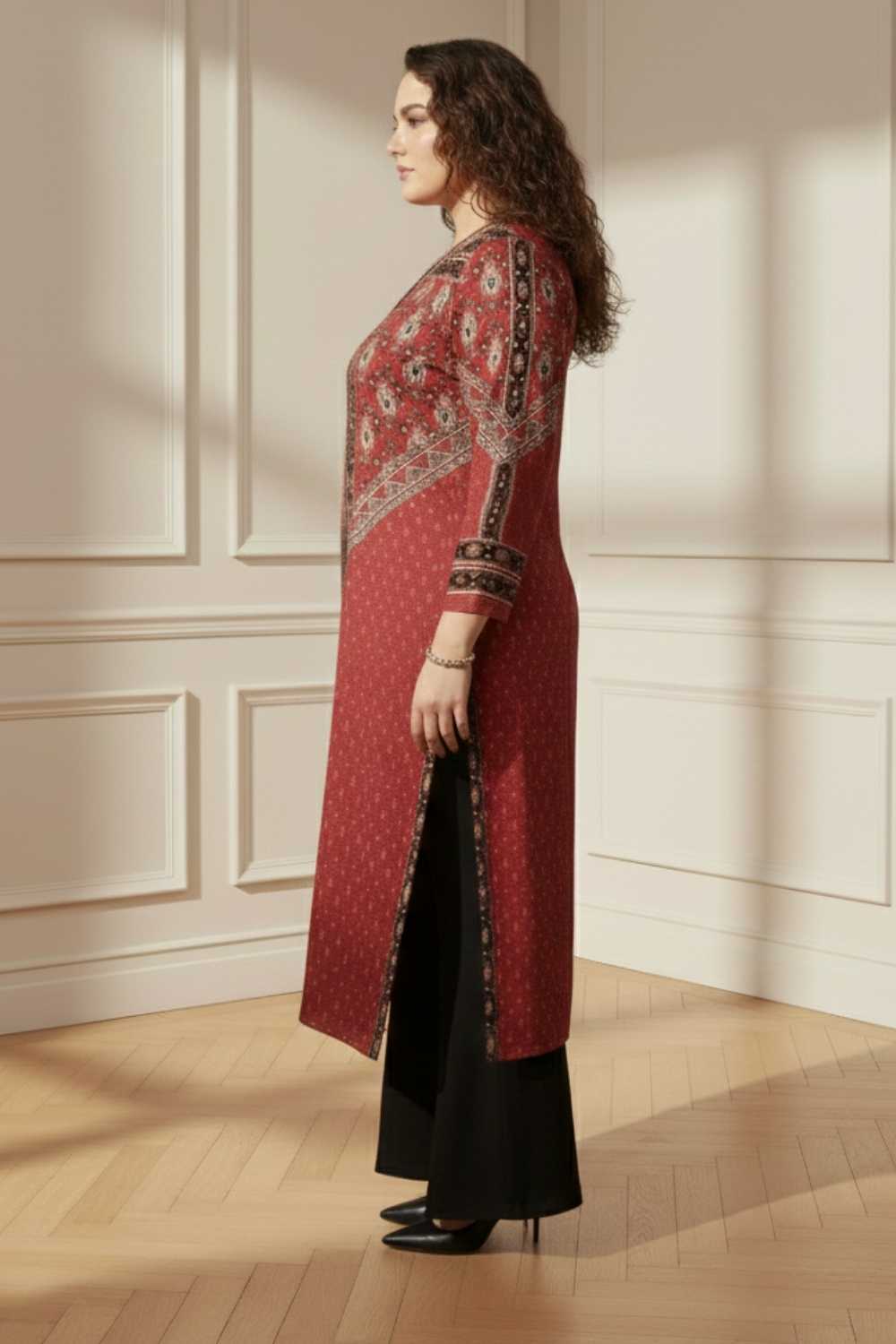 Plus Size Plus Size Red Printed V Neck SnugWeave™ Winter Kurta