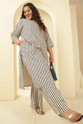 Plus Size Black & White Striped V Neck Cotton Kurta Coord Set