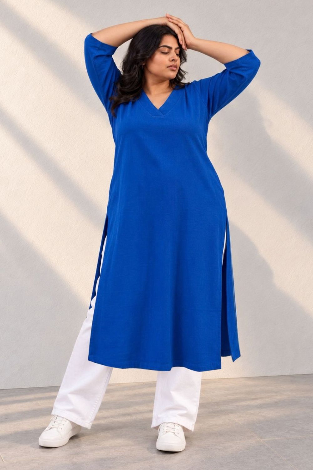 Plus Size SoftEase V Neck Blue Cotton Kurta for Women