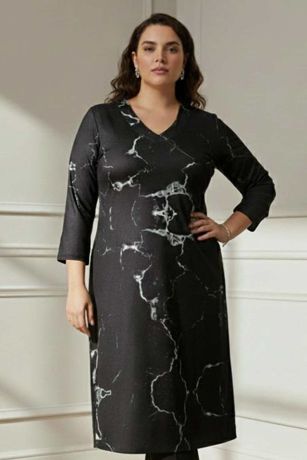 Plus Size Plus Size Black Marble V Neck SnugWeave™ Winter Kurta
