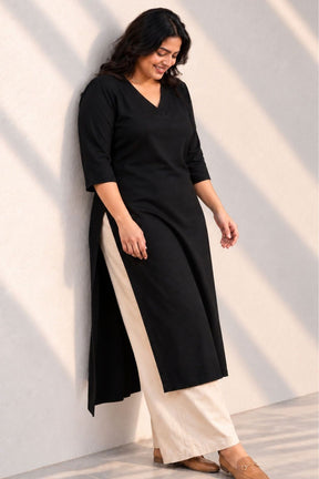 Plus Size SoftEase V Neck Black Cotton Kurta