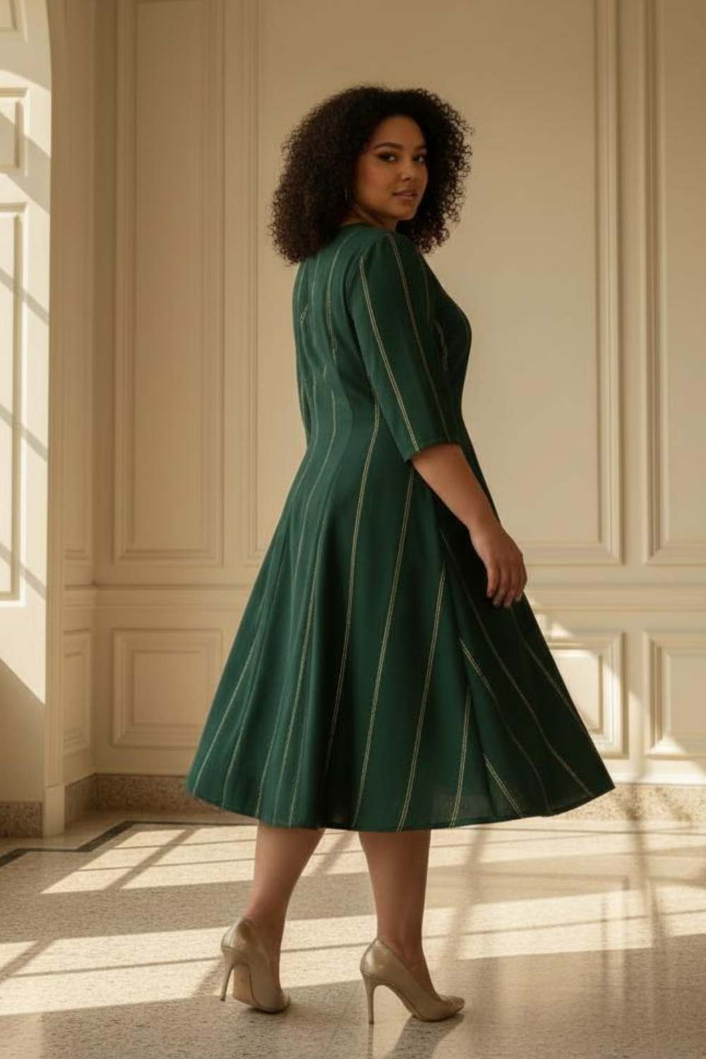 Comfortable Plus Size Emerald  Green Golden Pin Stripe Midi Dress
