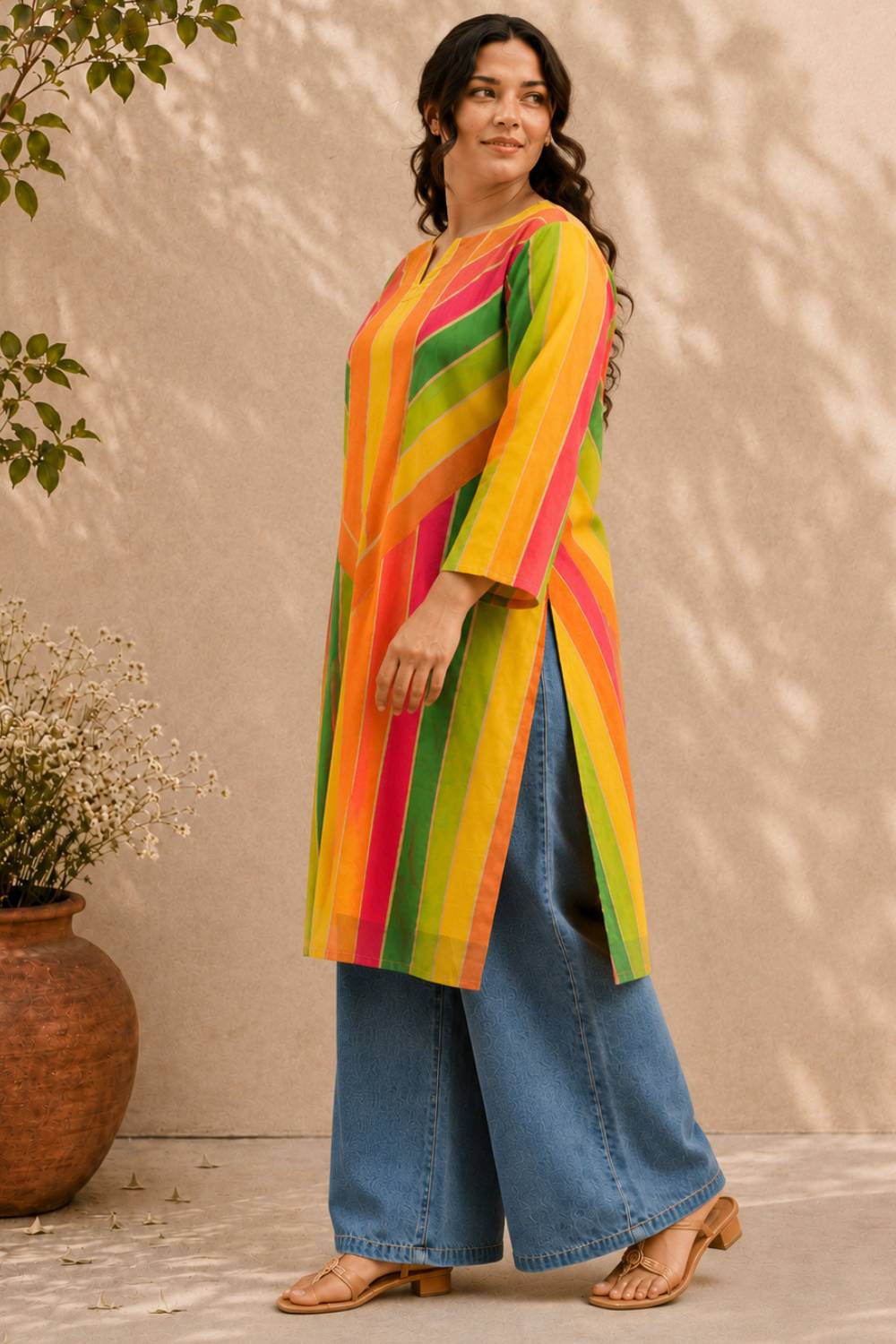 Plus Size Plus Size Multicolor Abstract Print Cotton Kurti