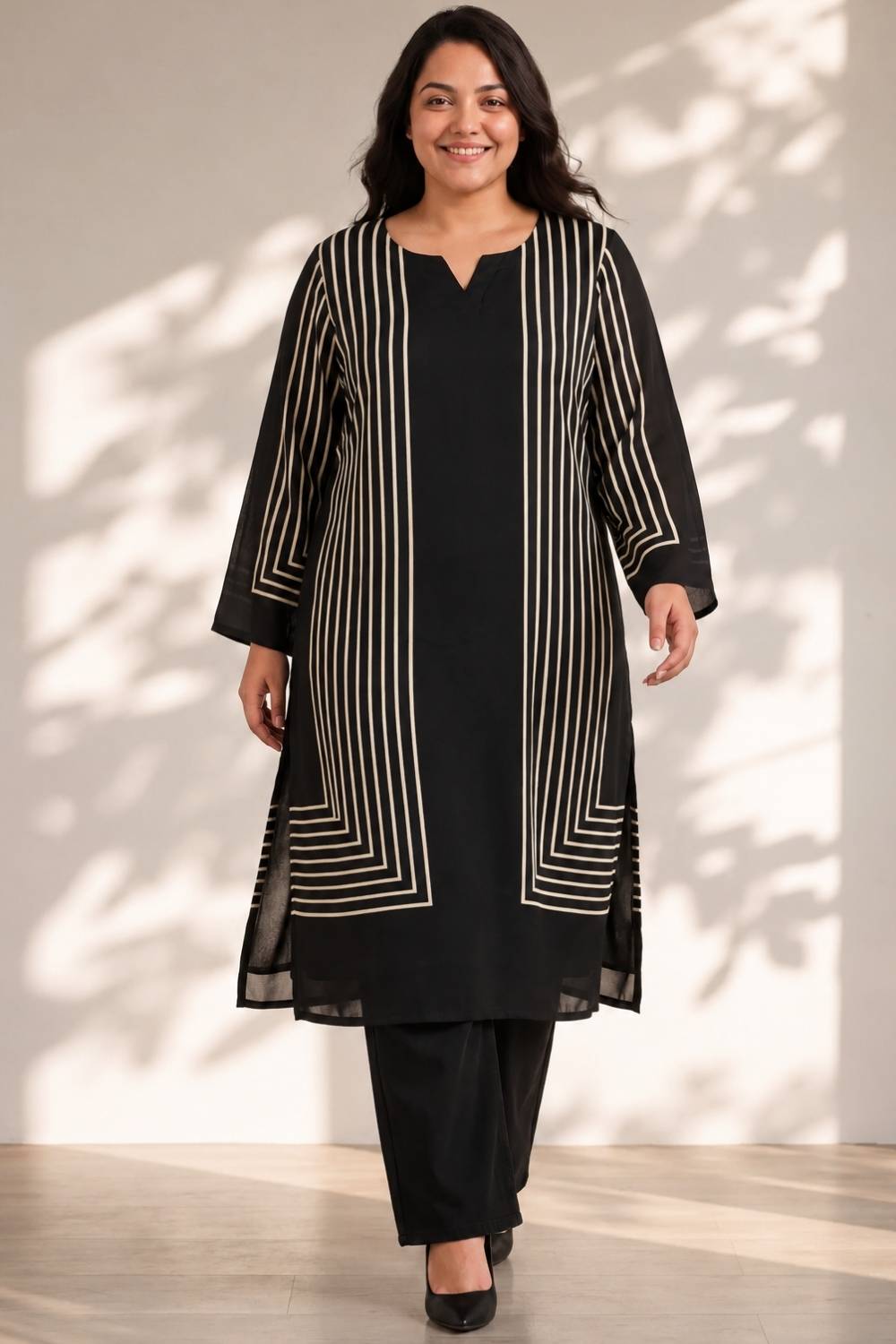Buy Plus Size Black Geometric Stripe Print Georgette Kurta