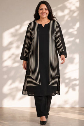 Plus Size Black Geometric Stripe Print Georgette Kurta