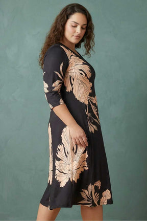 Plus Size Black Tropical Print A line Dress