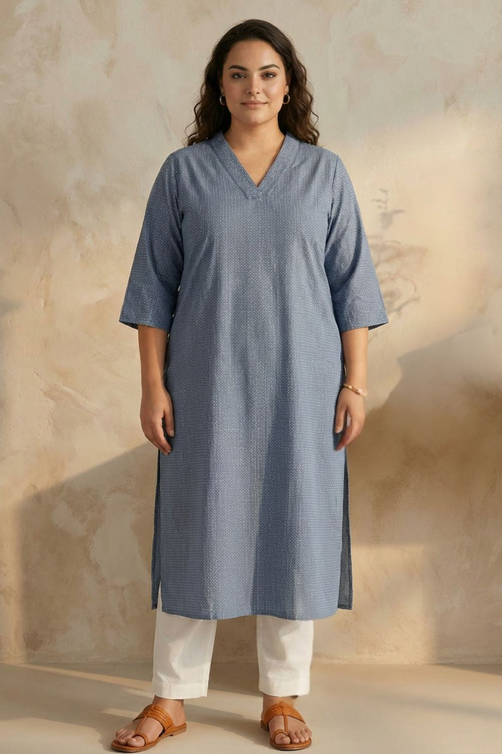 Plus Size Mid Blue Cross Weave Denim Cotton Kurta