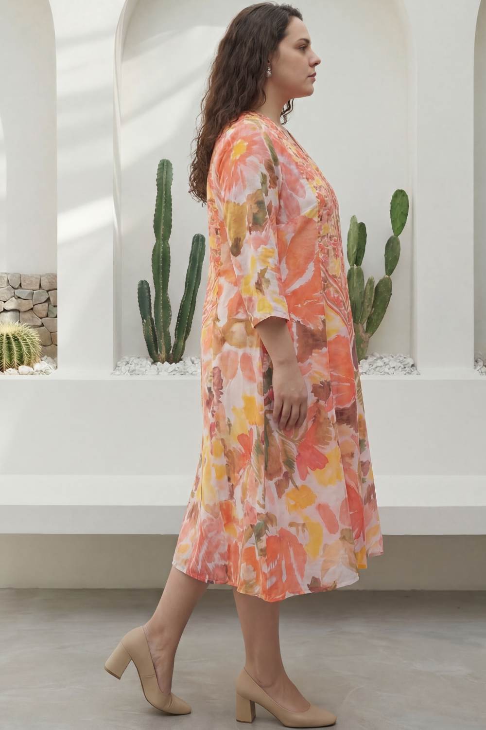 Plus Size Peach Coral Floral Print Cotton Midi Dress for Women