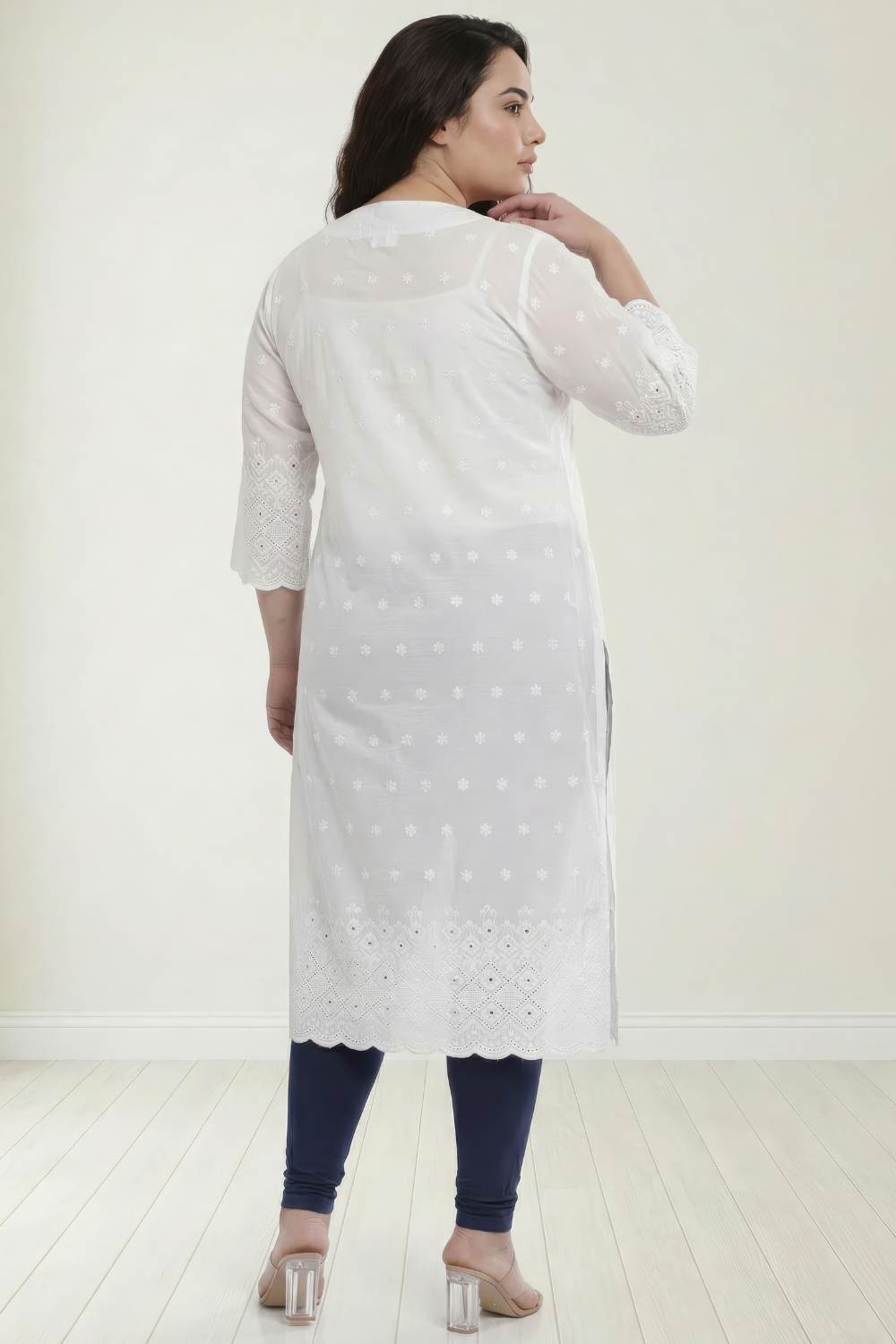 Plus Size White Cotton Schiffli V Neck Kurta