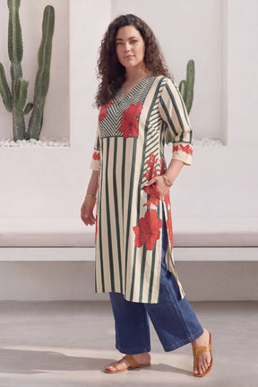 Plus Size Green Stripe Floral Print Cotton V-Neck Kurta