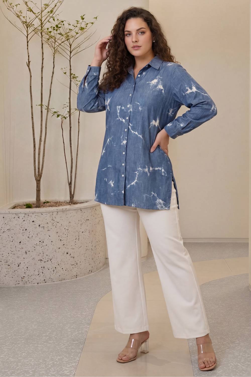 Plus Size Plus Size Denim Cotton Shirt Marble Wash