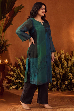 Plus Size Teal Artistry Straight Georgette Kurta