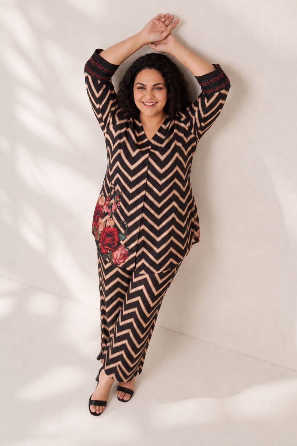 Buy Plus Size Black Rose Chevron Print Coord Set