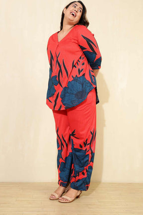 Plus Size Red Teal Print Coord Set