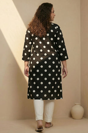 Plus Size Black Polka Print Rayon V Neck Kurta
