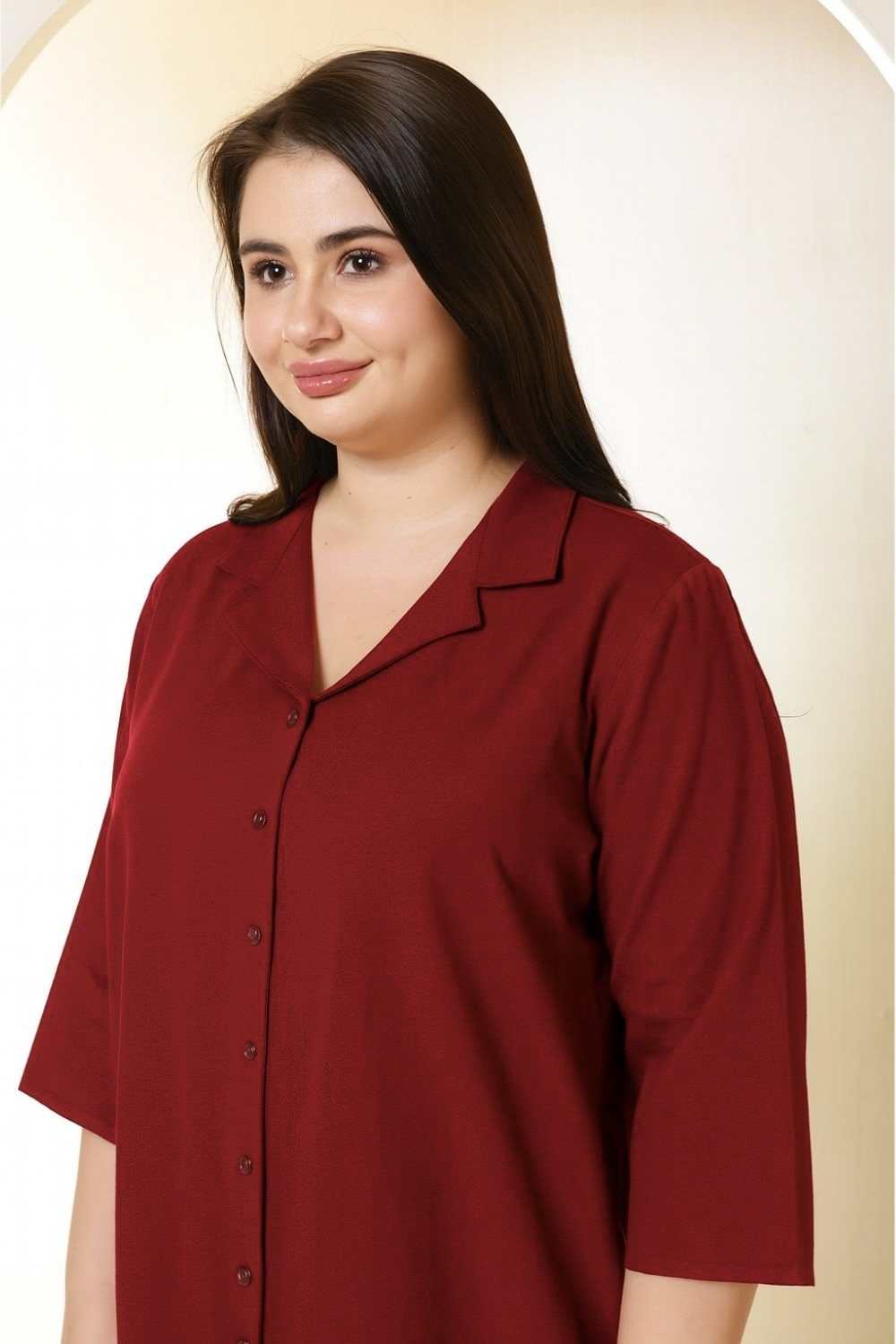 Plus Size Plus Size Maroon Cotton Linen Cuban Collar Shirt