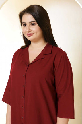 Plus Size Maroon Cotton Linen Cuban Collar Shirt