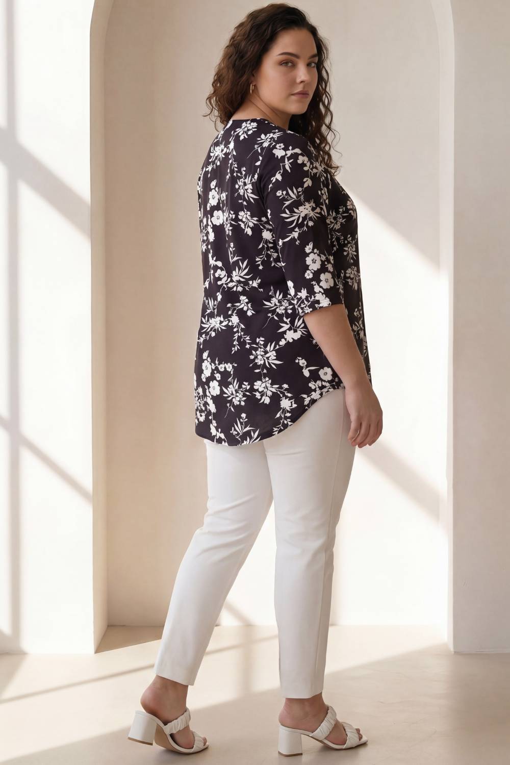 Plus Size Black White Floral Top for Women