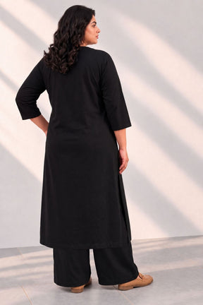 Plus Size SoftEase V Neck Black Cotton Kurta Coord Set
