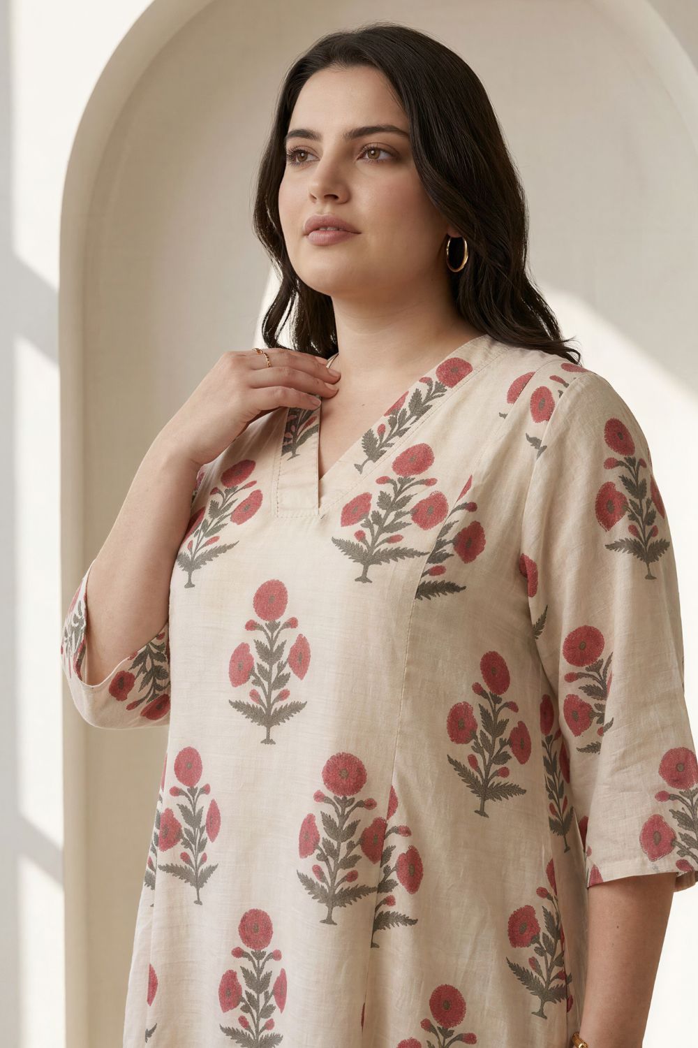 Buy Plus Size Beige Floral Printed Cotton Midi Dress