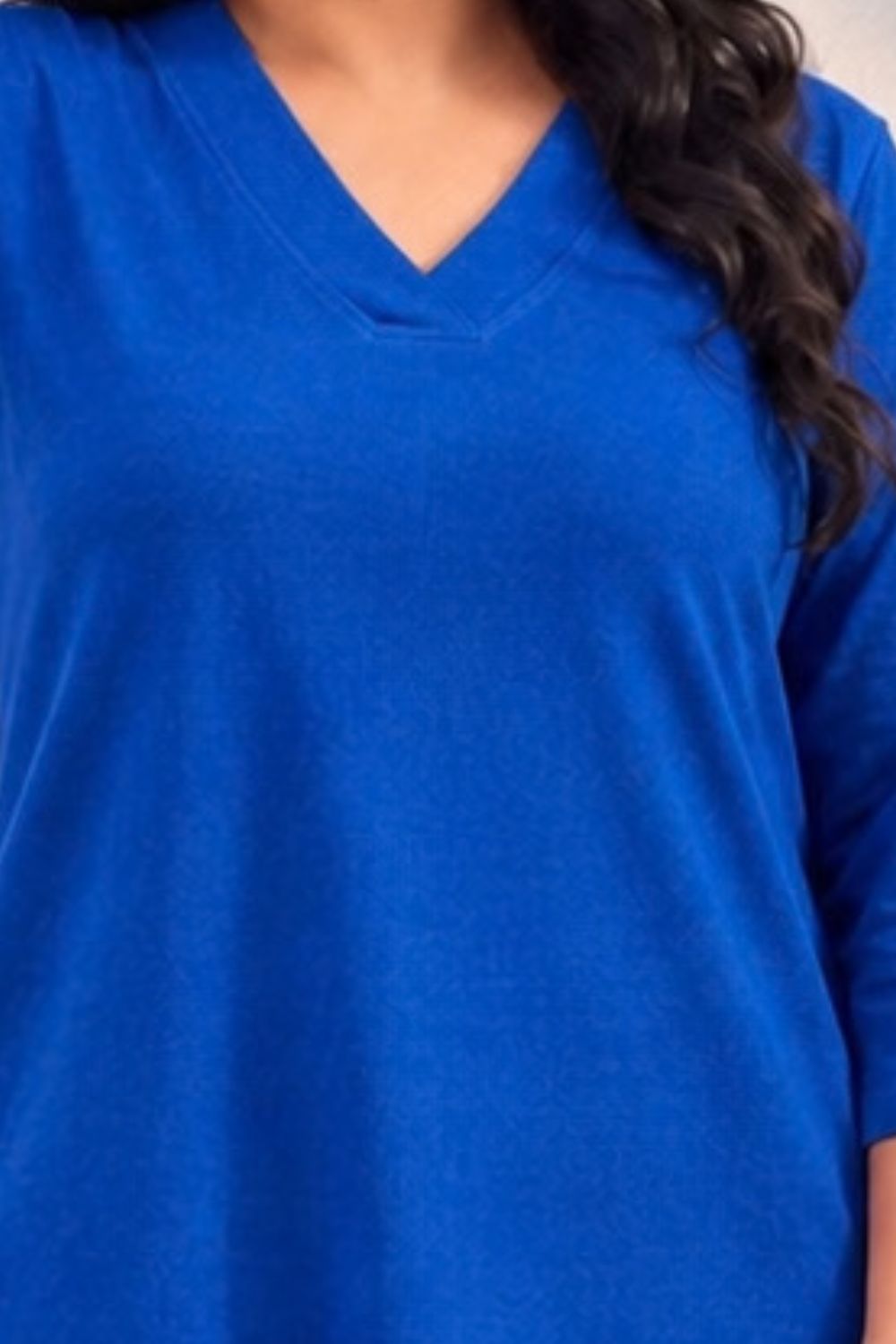 Comfortable Plus Size SoftEase V Neck Blue Cotton Kurta Coord Set