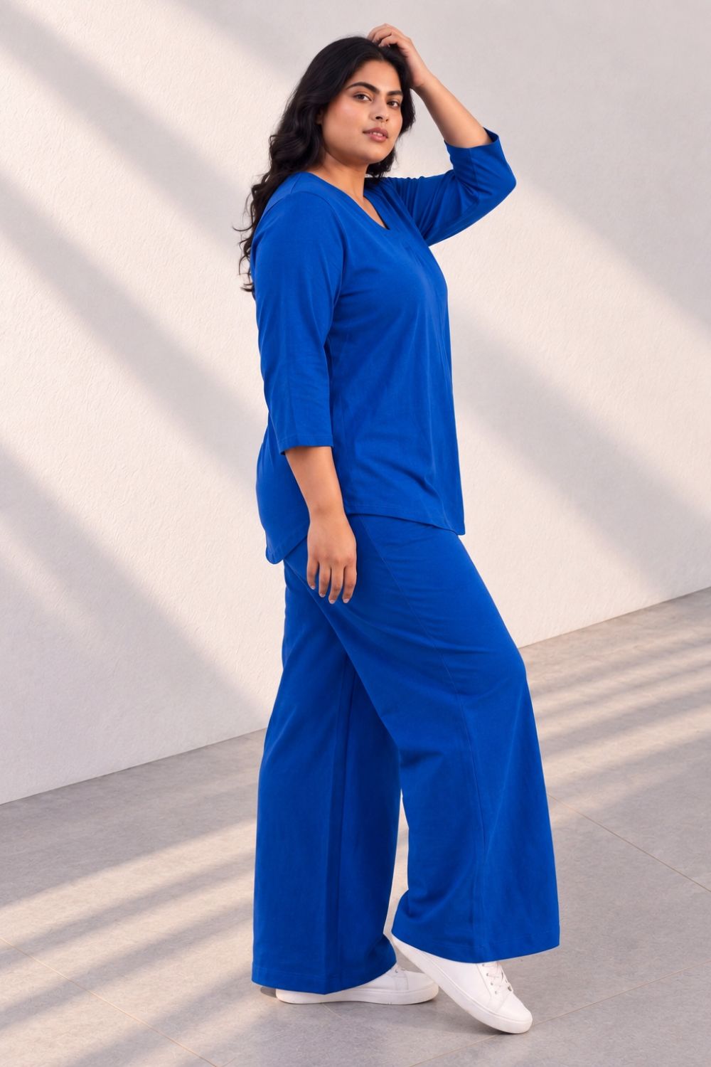 Plus Size SoftEase V Neck Blue Cotton Coord Set