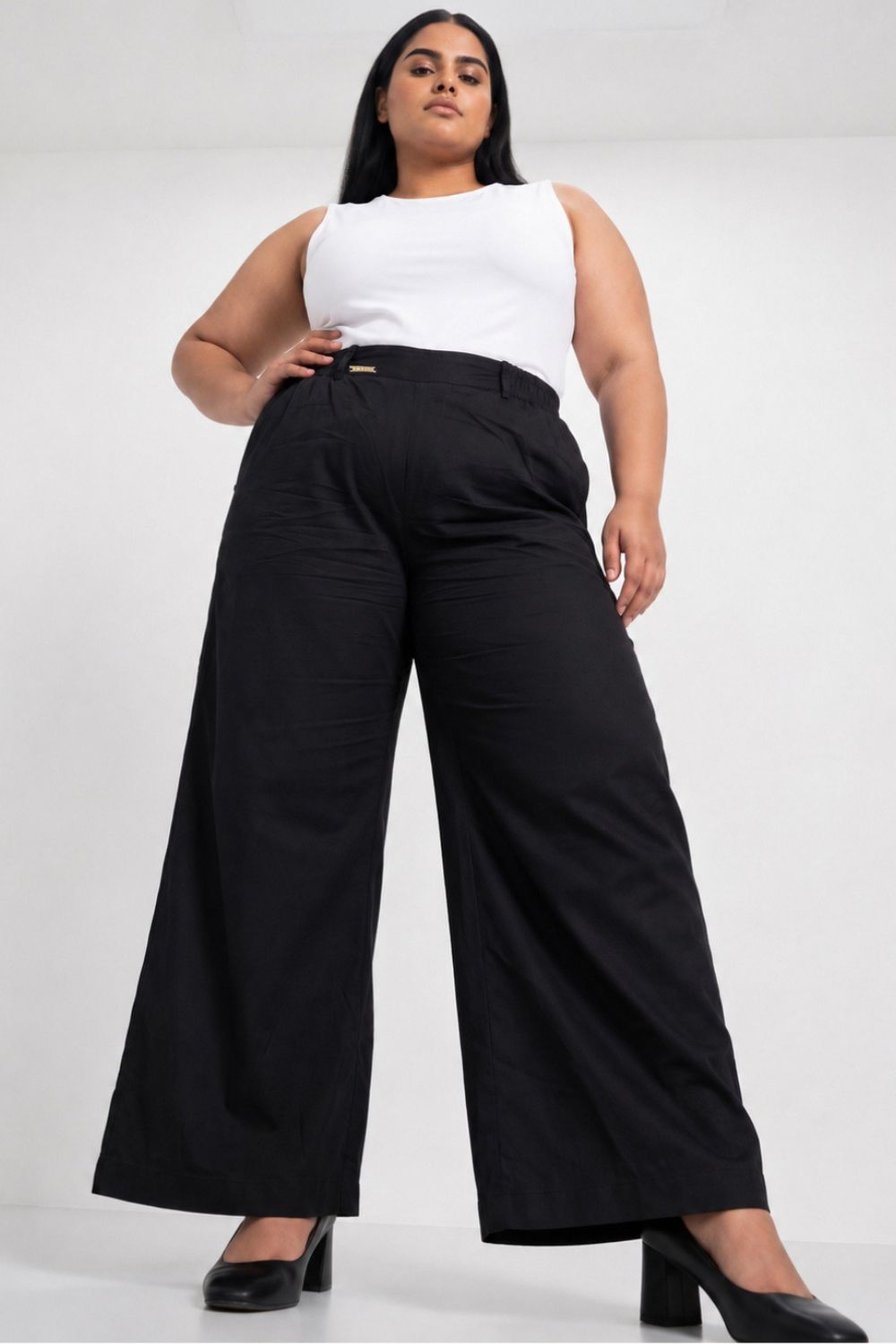 Plus Size Wide Leg Easy PullOn Black Cotton Satin Pants