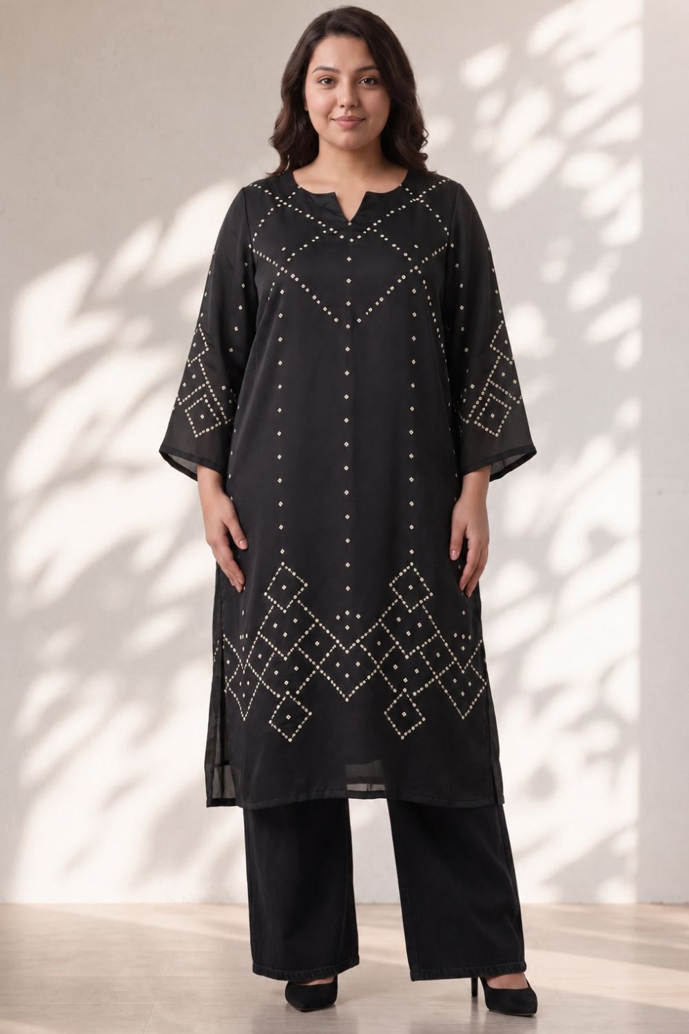 Buy Plus Size Black Bandhej Print Georgette Kurta