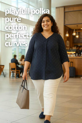 Plus Size Navy Blue Dobby Weave Cotton V Neck Top