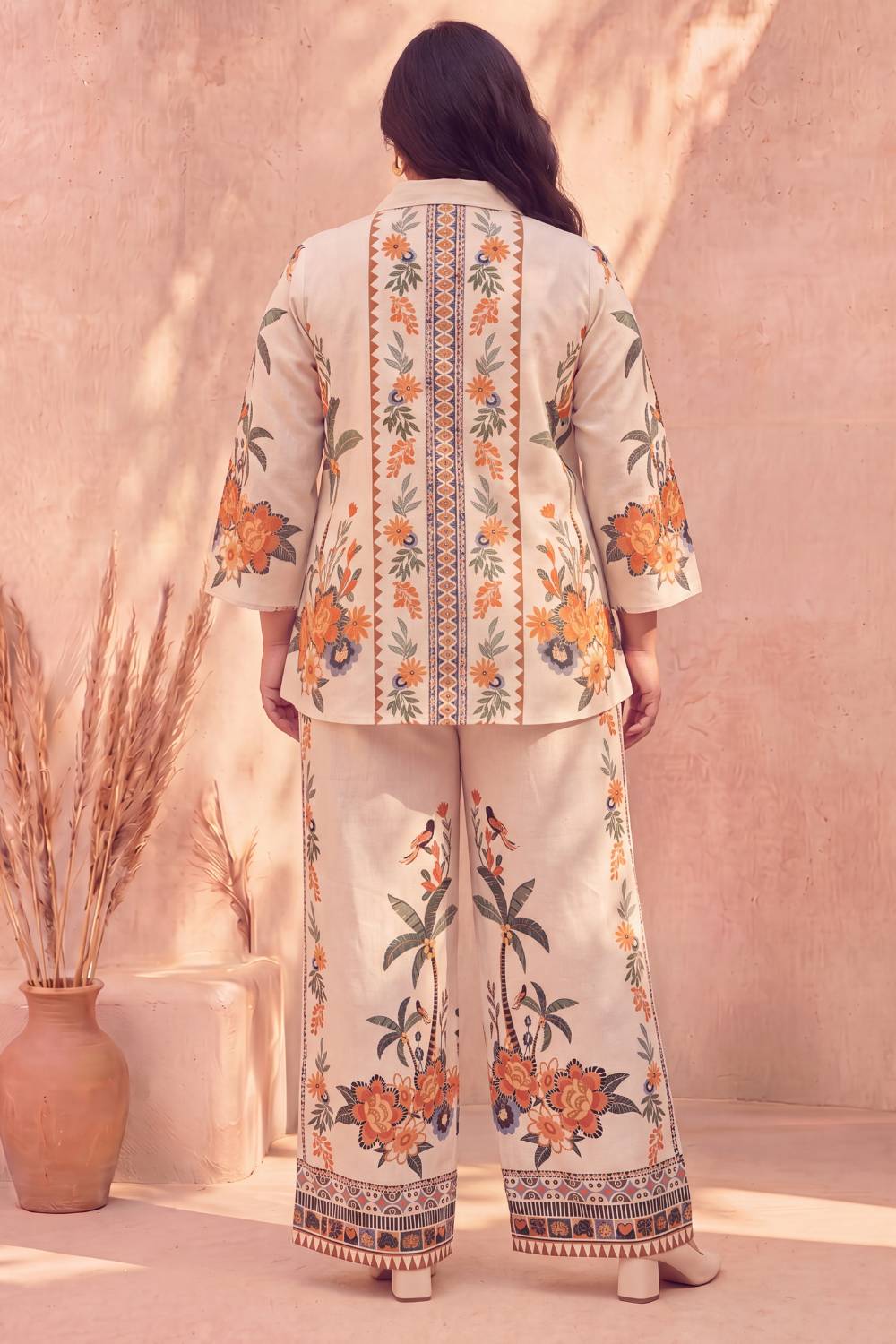 Plus Size Boho Floral Panel Print Cotton Coord Set for Women