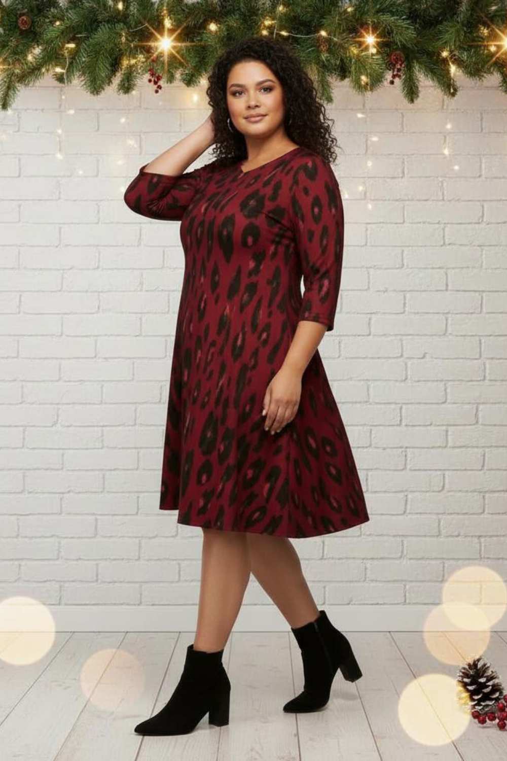 Plus Size Animal Print Red Fit And Flare Dress