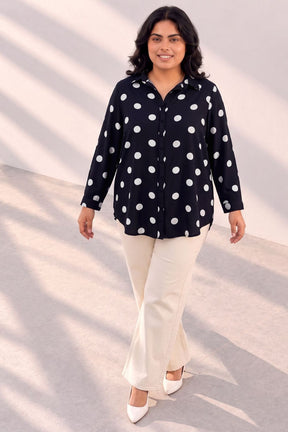 Plus Size Black Polka Print Rayon Shirt