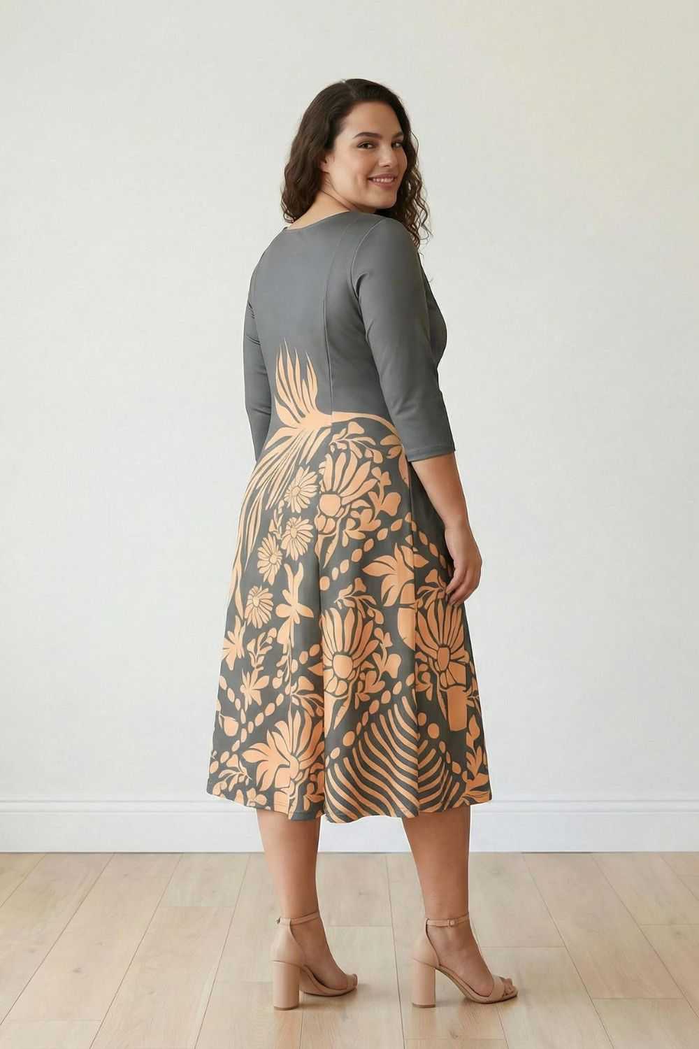 Plus Size Beige Green Ethnic Print A line Dress