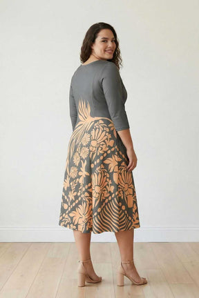 Plus Size Beige Green Ethnic Print A line Dress