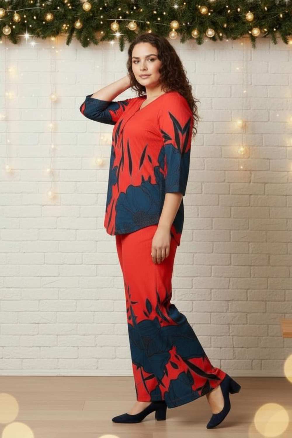 Plus Size Red Teal Print Coord Set