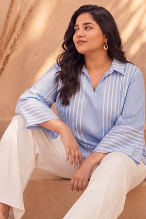 Plus Size Blue Stripe Printed Cotton Top