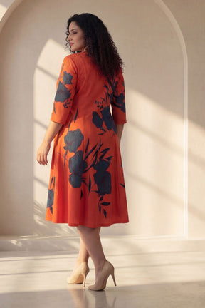 Plus Size Red Teal Floral Print A-Line Dress