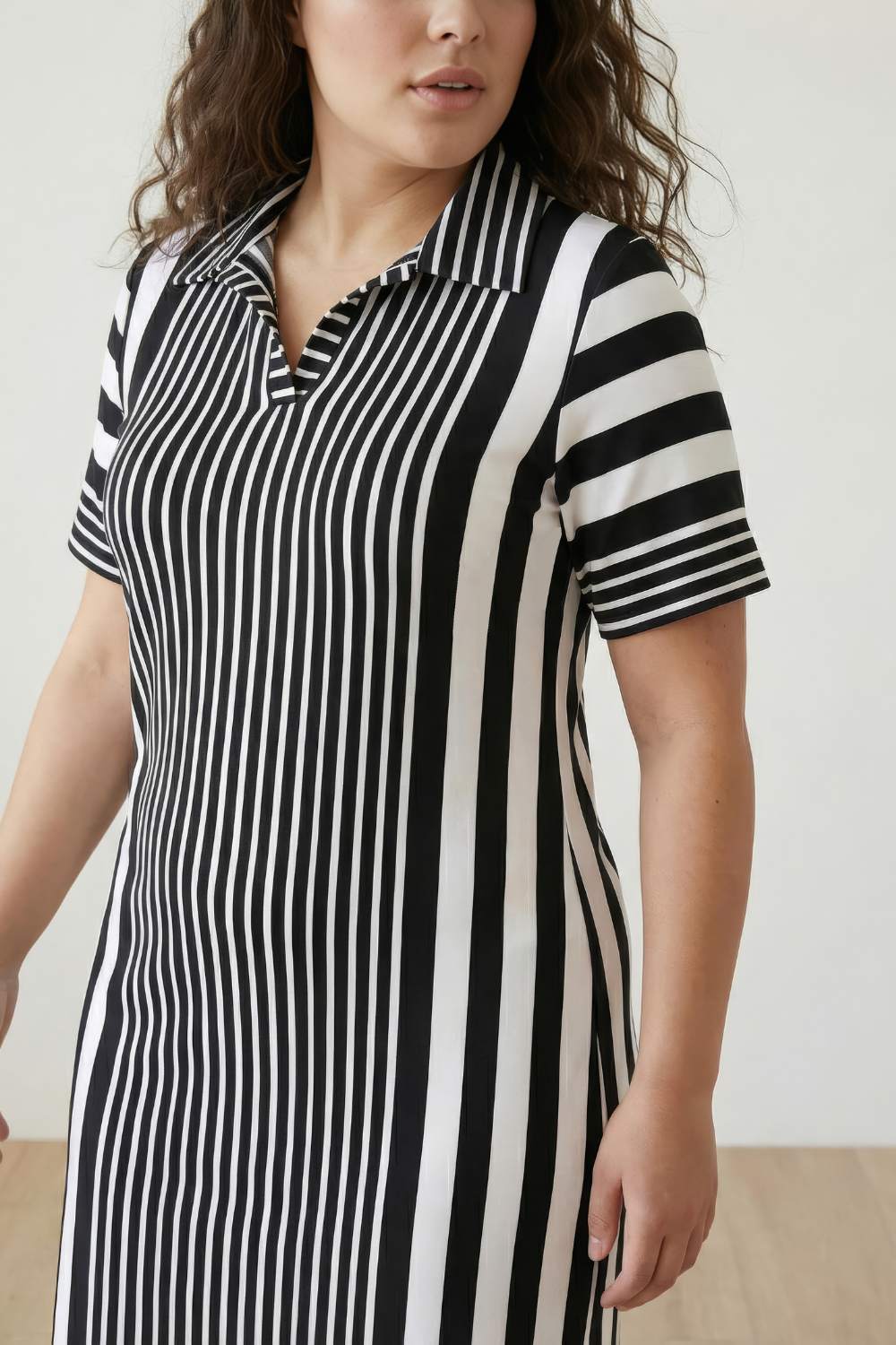 Black White Stripe Printed Polo Dress