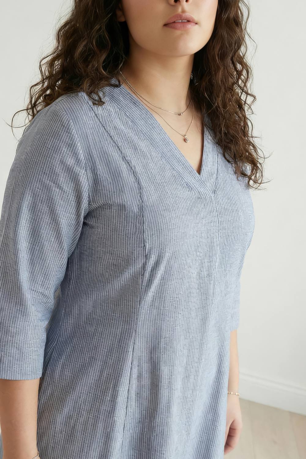 Plus Size Plus Size Blue Chambray Pinstripe Midi Dress