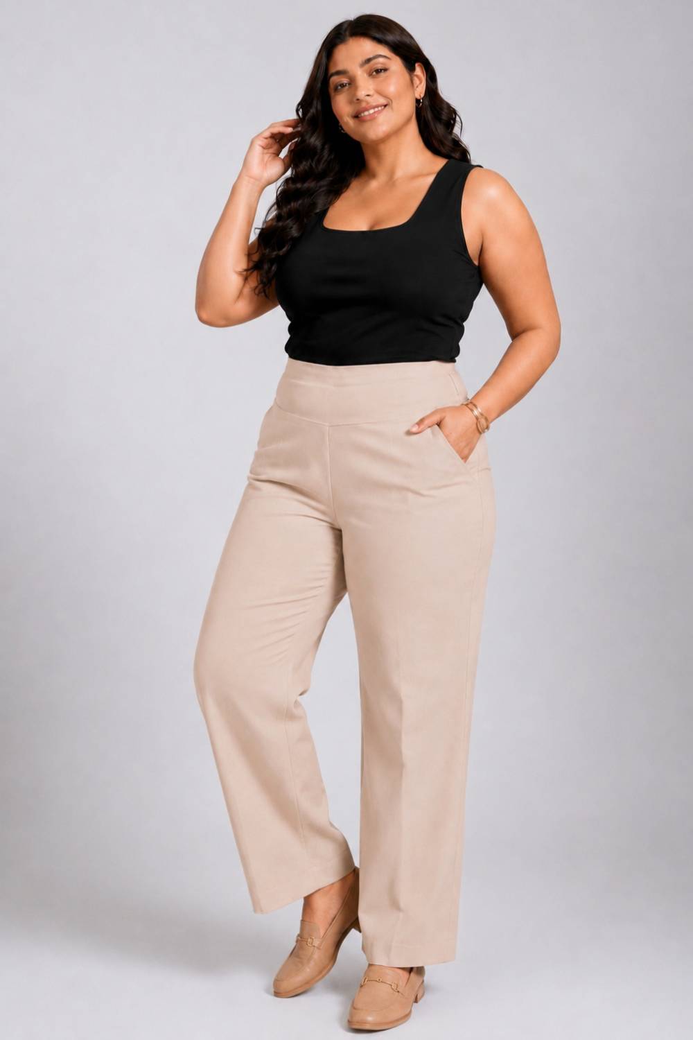 Buy Cream Tummy Shaping Wide Straight Pants