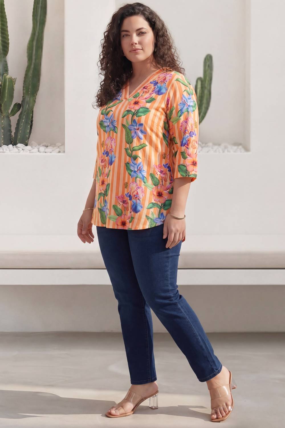 Plus Size Orange Floral Stripes Top