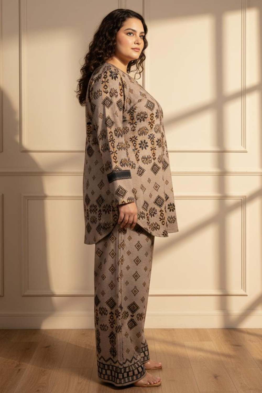 Plus Size Beige Printed SnugWeave™ Winter Top Coord Set for Women