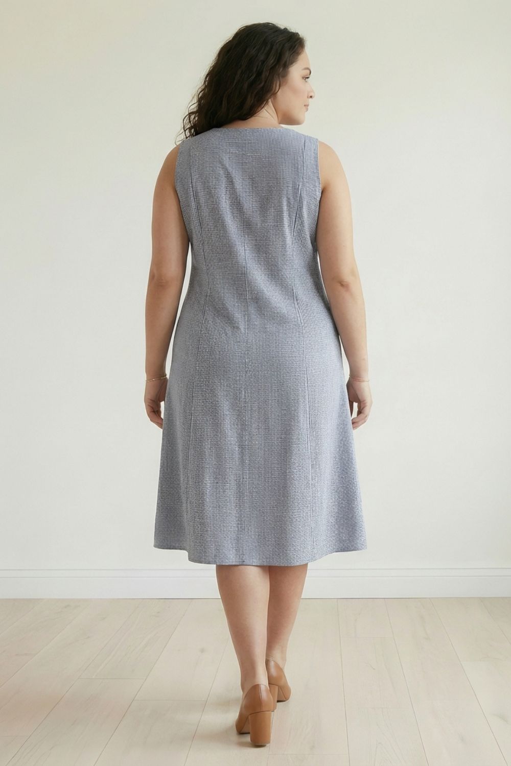 Plus Size Blue Chambray Pinstripe Sleeveless Cotton Midi Dress