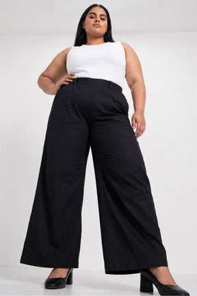 Plus Size Wide Leg Black Cotton Satin Pants