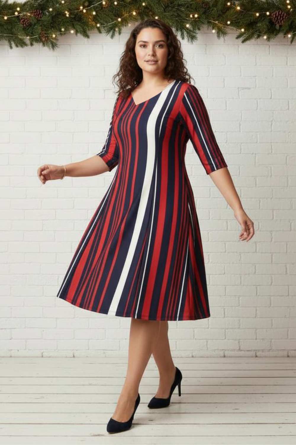 Plus Size Red Blue Striped A line Dress